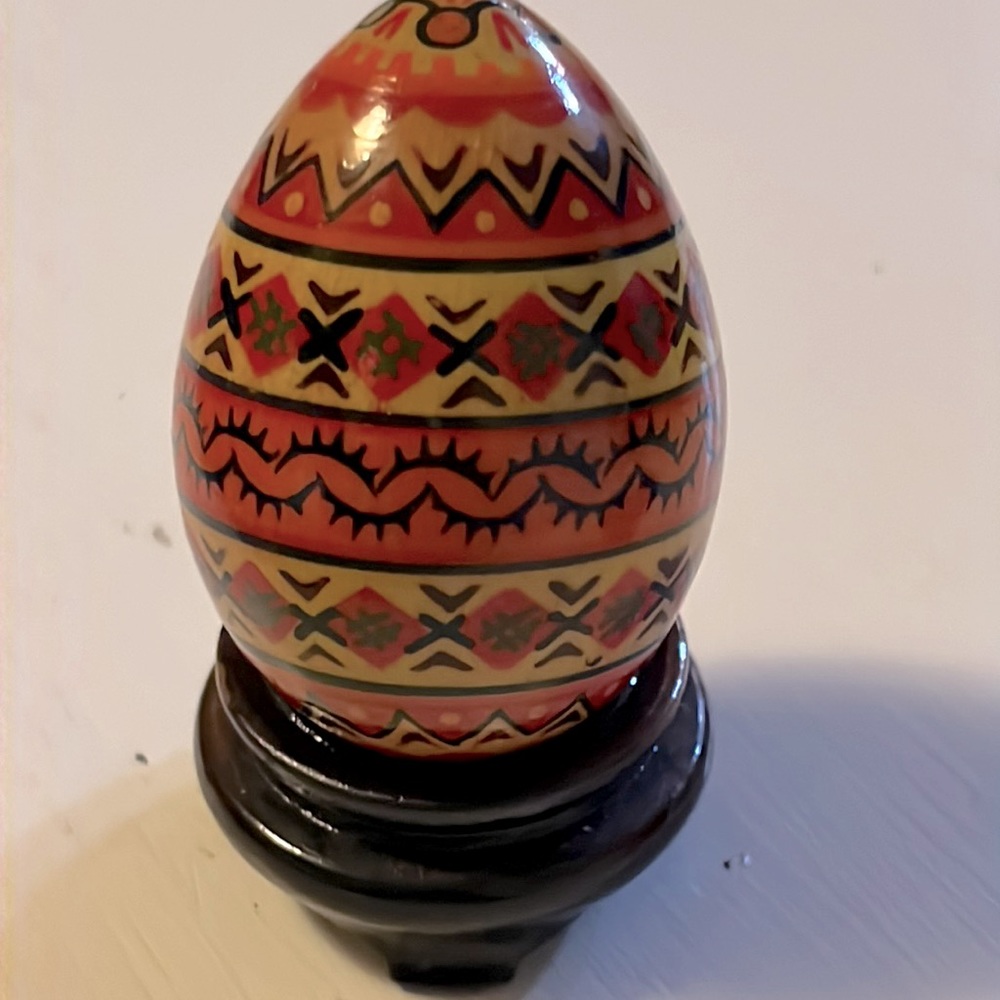 Vintage hand painted wooden egg with stand